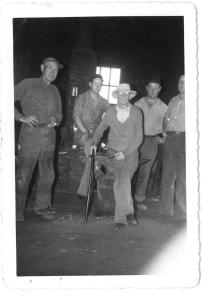 Photograph, digital scan of five men standing in Port Norris Iron Works.  L to R, Warren Sockwell, Allen Beebe, Oz Osborn Taylor, Bob Sutton, Archie Jackson, 1949.